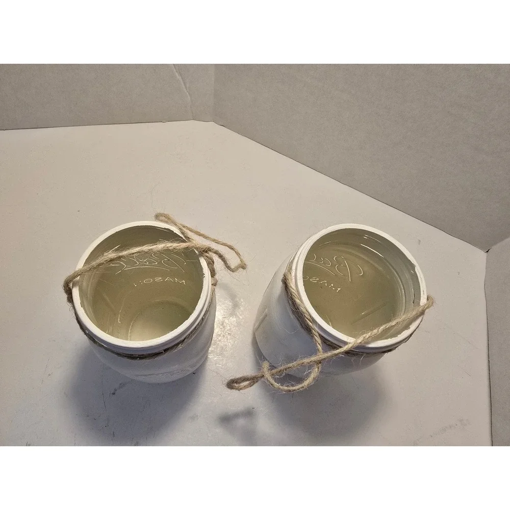 Ball Mason Jars Set of 2 White chalk Painted Distressed Rustic‎ Hanging Decor